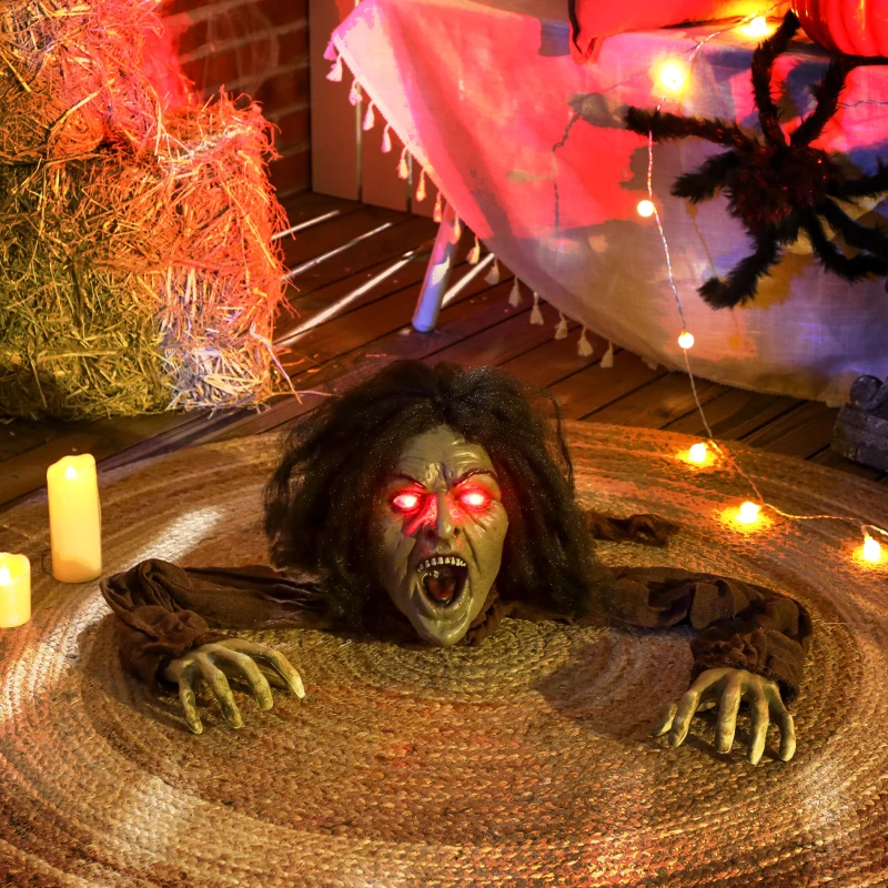 Dekoracja Halloween Outsunny 140 cm - Pełzający Zombie z LED w oczach, funkcją dźwiękową, dekoracja ogrodowa i do domu na imprezę