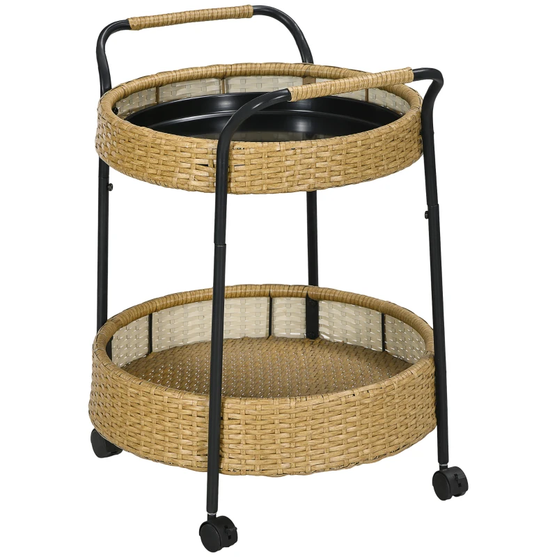 Outsunny Wózek Serwisowy Rattan Trolley z 2 Półkami, Wózek ogrodowy, Okrągły Wózek Kuchenny z Uchwytami, Wózek Barowy na Balkon, Konstrukcja ze Stali, Naturalny, Φ50 x 66 cm
