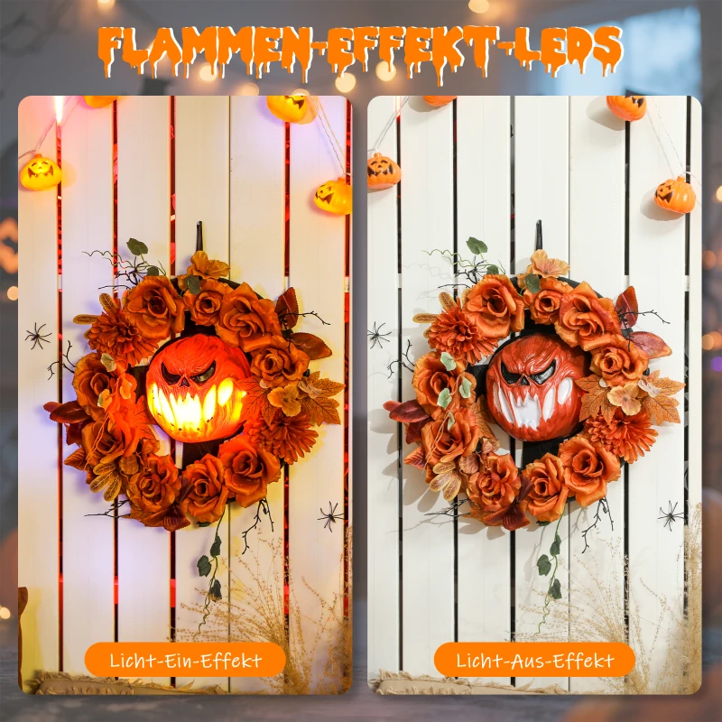 Dekoracja Outsunny na Halloween – Wiszący Wieniec z Dynią z 44 LED-ami o Efekcie Płomienia, Dekoracja Drzwi Wejściowych z Upiorczą Twarzą Dyni i Kwiatami, Dekoracja Ogrodowa na Imprezę