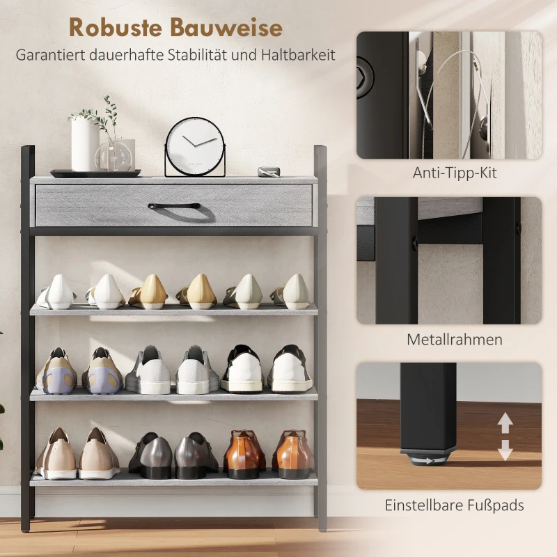HOMCOM Regał na Buty, 4 Poziomy, Metalowy Stojak z Szufladą, Szary, 70 x 30 x 87,6 cm