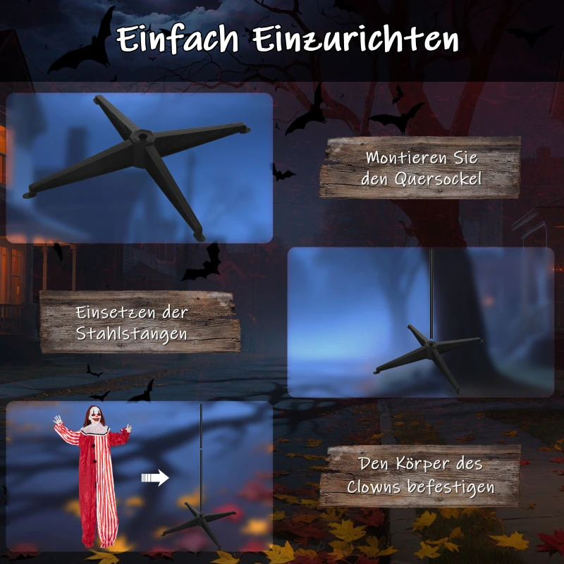 Dekoracja Halloween Outsunny 165 cm Klaun Halloween z LED, funkcją dźwiękową, dekoracja drzwi z regulowanymi ramionami, figura ogrodowa w naturalnej wielkości na imprezę