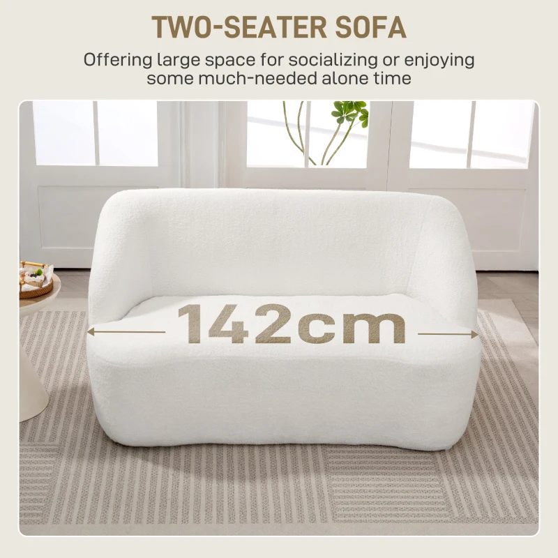 HOMCOM Modern 2 Seater Sofa, 142cm Loveseat with Curved Design, Upholstered Sherpa Fleece Small Sofa for Living Room, Bedroom, Home Office, No Assembly Required, Cream White