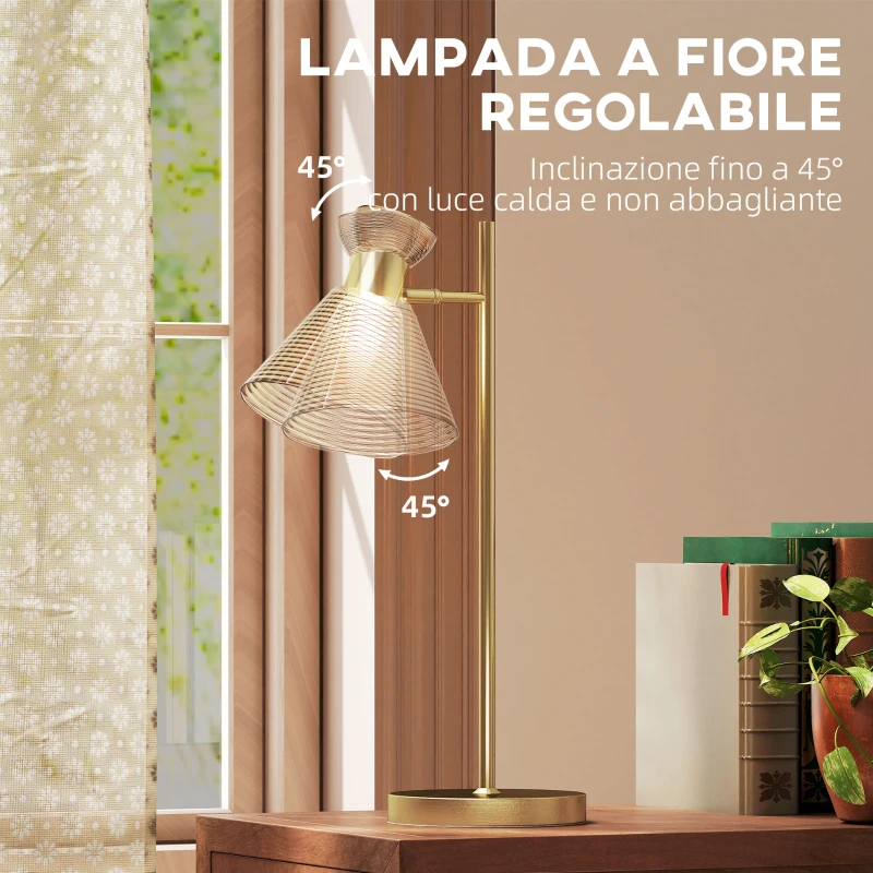 HOMCOM Lampada da Tavolo Moderna con Paralume in Vetro Regolabile Ambrato e Satinato, Attacco E27, Oro