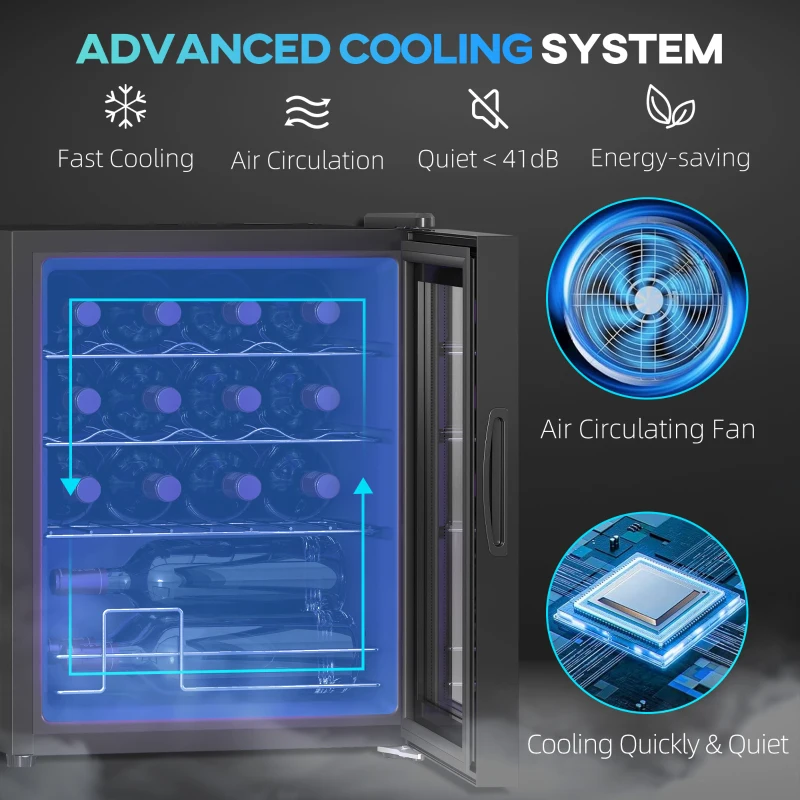 HOMCOM Wolnostojąca chłodziarka do wina, 16 butelek 42L, chłodziarka do wina 5-18°C z ekranem dotykowym, drzwiami szklanymi, oświetleniem LED, czarna
