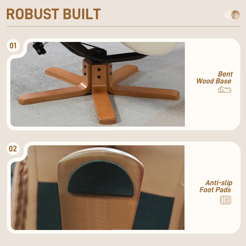 HOMCOM Fotel Wypoczynkowy z Podnóżkiem, Telewizyjny z Funkcją Leżenia i Bujania, Wysokie Oparcie, Nogi z Drewna do Salonu, Sypialni, Skóra Ekologiczna, kolor Kremowy
