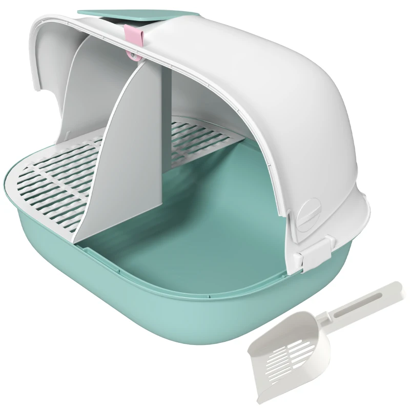 PawHut Cat Litter Box with Lid, Cat Litter Tray with Internal Channel, Door, Front Opening, Scoop, Easy Clean Hooded Cat Litter Box, Green