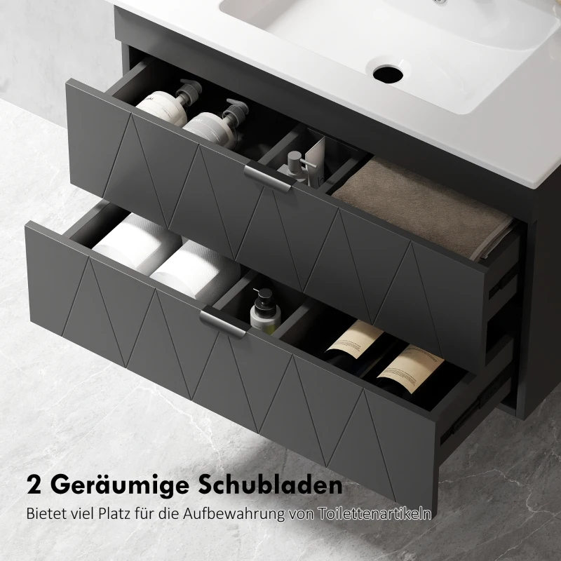 HOMCOM Szafka łazienkowa wisząca z umywalką ceramiczną, nowoczesna szafka pod umywalkę z 2 szufladami z cichym domykiem, czarna