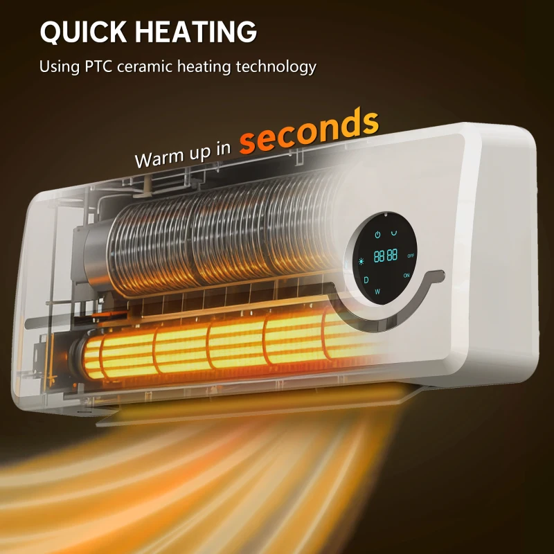 HOMCOM Grzejnik ścienny 2000W, ceramiczny z wentylatorem, pilot, 2 tryby grzania, wyświetlacz LED, grzejnik ścienny z timerem 24h, do salonu, sypialni, łazienki, biura