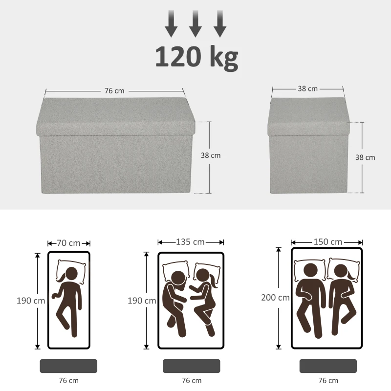 HOMCOM Ławka z miejscem do przechowywania, składana, tapicerowana ławka z wyglądem aksamitu, skrzynia, ławka do sypialni salonu przedpokoju 76 x 38 x 38 cm, Jasnoszary