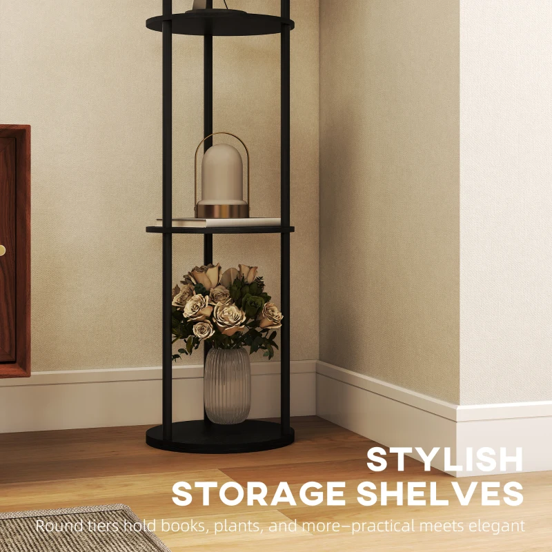 HOMCOM Lampa stojąca do salonu z 3 okrągłymi półkami, abażur z materiału, 3 kolory światła, wyłącznik nożny, czarna