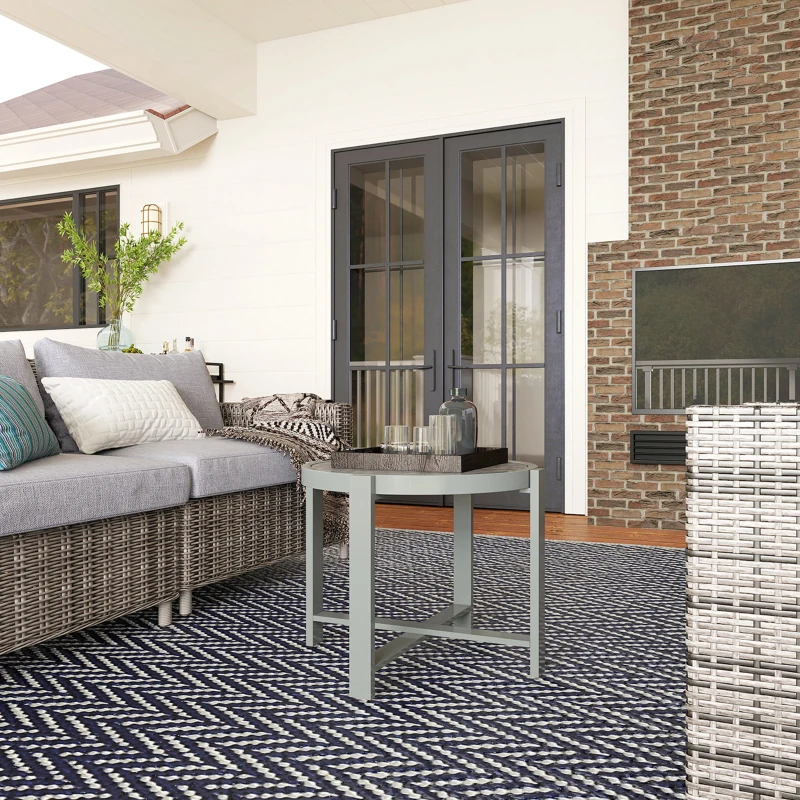 Outsunny Round Small Garden Table, 60cm Outdoor Side Table with Faux Marble Tempered Glass Top, Aluminium Frame for Garden, Patio, Balcony, Grey