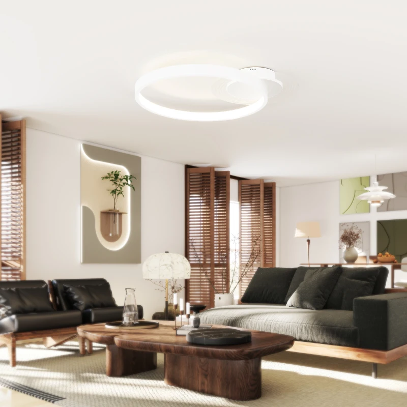 HOMCOM Lampa sufitowa, oświetlenie sufitowe z dwupierścieniowym designem, 3 kolory światła 3000K/4000K/6500K, okrągłe oświetlenie do sypialni salonu 50 x 40 x 7,4 cm, Białe