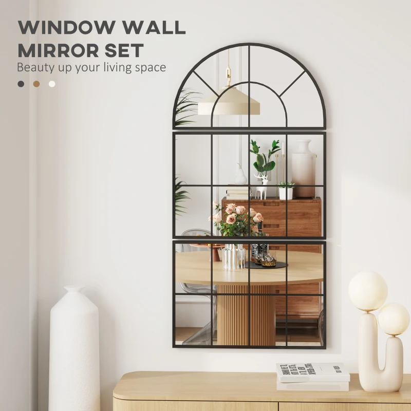 Lustro ścienne 3-częściowe, łukowe, czarna rama metalowa