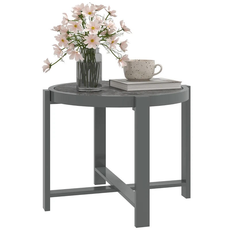 Outsunny Round Small Garden Table, 60cm Outdoor Side Table with Faux Marble Tempered Glass Top, Aluminium Frame for Garden, Patio, Balcony, Grey
