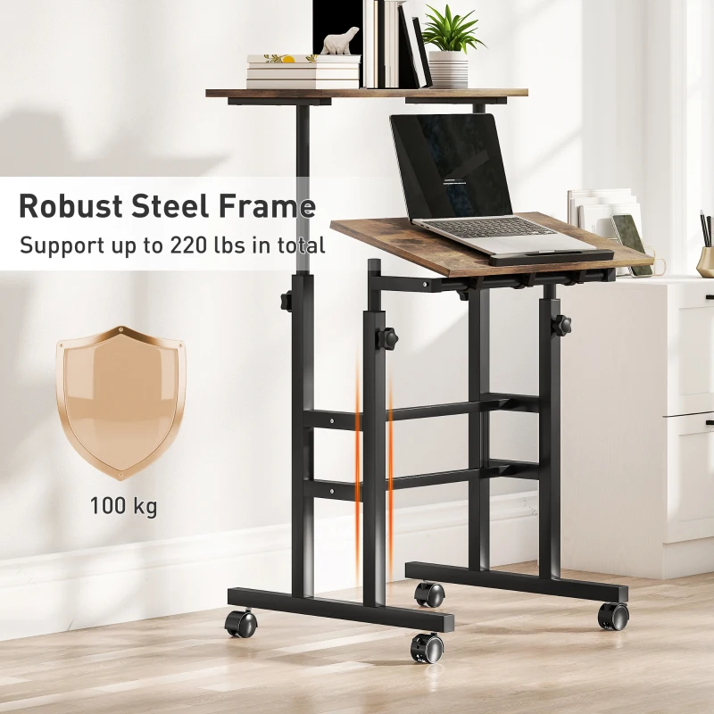 Regulowane Biurko HOMCOM z Półką, Kółkami, Biurko Komputerowe, Stół Roboczy, Rustykalny Brąz 60 x 60 x 70,5-120 cm