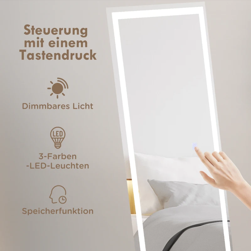 HOMCOM Full Length Mirror with LED Lights, 150x40cm Floor Mirror, Free Standing, Wall Mounted or Leaning, Full Size Body Mirror with Dimmable and 3 Colour Lighting for Bedroom, White