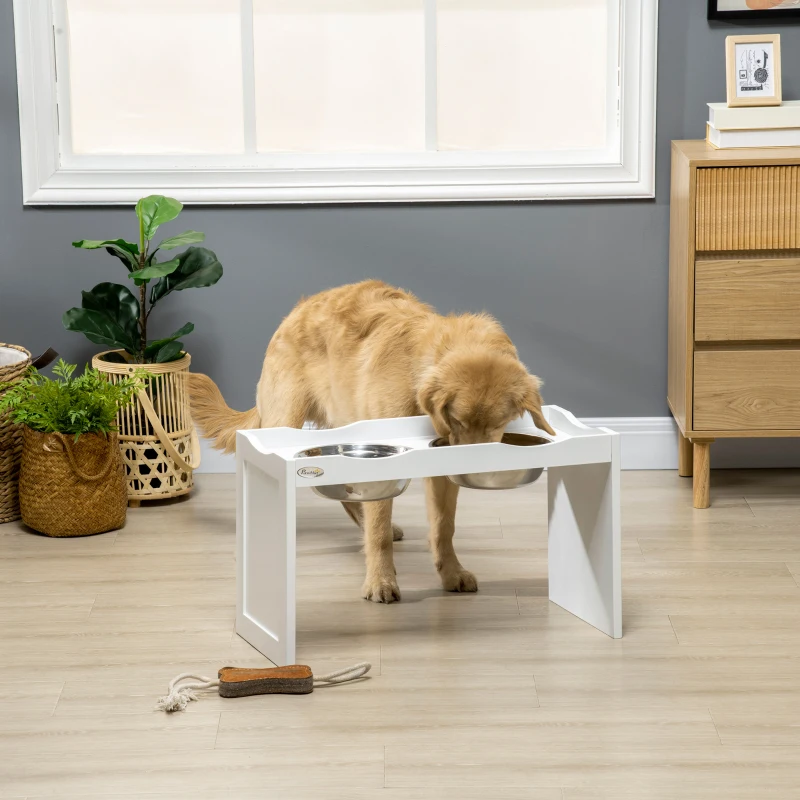 PawHut Podwyższona Miska dla Psa, Miska do Jedzenia z Podwyższonym Brzegiem, 2 x 2L Wyjmowalna Miska dla Psa ze Stali Nierdzewnej, Miska dla Bardzo Dużych Psów, Stacja Karmienia, Biała