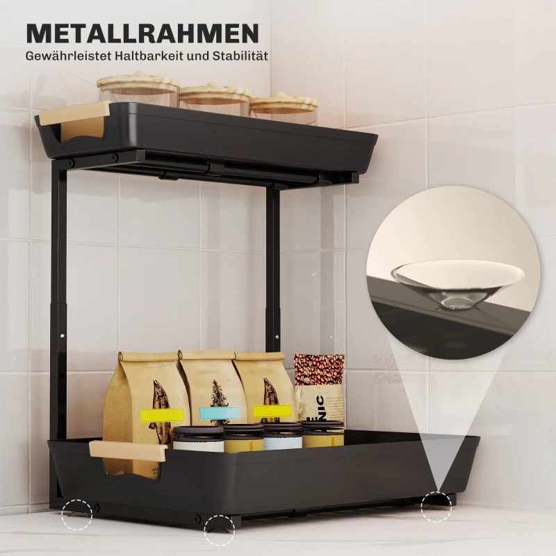 HOMCOM 2-Tier Countertop Storage Shelf with Adjustable Height, Kitchen Organiser with Metal Frame and 2 Storage Baskets for Kitchen, Cupboard, Bathroom, Black