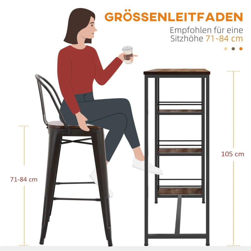 HOMCOM Bartisch - wysoki stół barowy z 3 półkami w kolorze brązowym, z płytą MDF i stalową ramą, do jadalni i kuchni, 120 x 40 x 105 cm