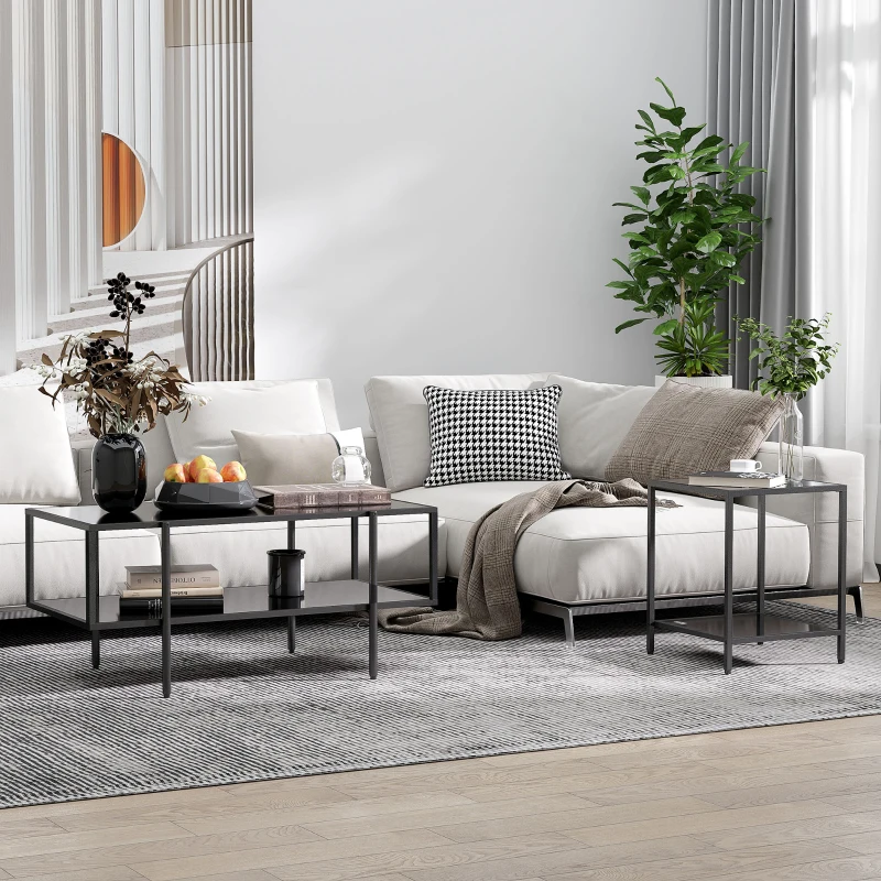 HOMCOM Stolik pomocniczy ze szklanymi blatami hartowanymi, dwupoziomowy, klasyczny design z metalową strukturą, czarny