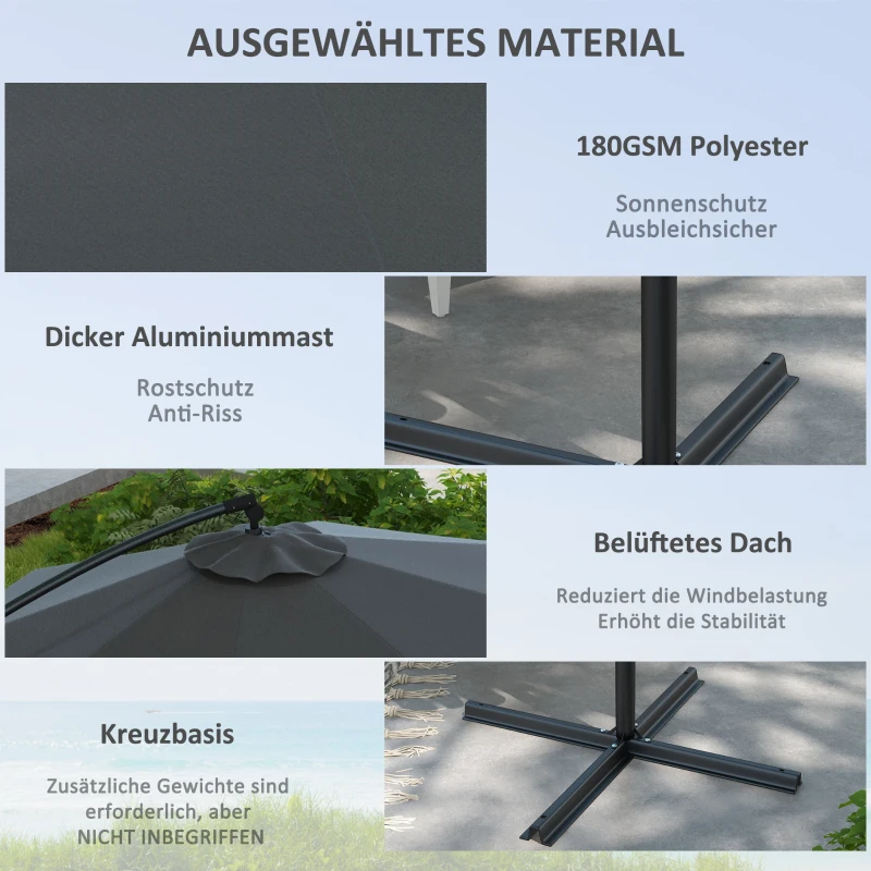 Outsunny Ø293 cm Parasol Ampelowy z Krzyżową Podstawą, Parasol z Korbką, Regulacją i 8 Żebrami, Wiszący Parasol Tarasowy do Basenu Na Zewnątrz, Ogród, Balkon, Szary