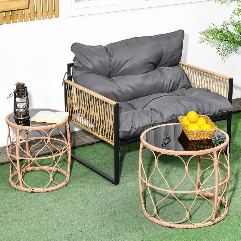 Outsunny Stolik pomocniczy rattanowy 2 sztuki, stolik kawowy z blatem szklanym, stolik sztablowy, styl boho, ręcznie pleciony stolik do ogrodu, balkonu, ze stali, khaki