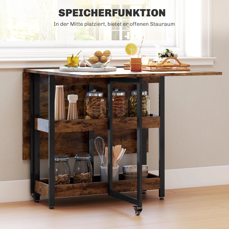 HOMCOM Industrial Folding Dining Table, Drop Leaf Table with Open Compartments for Small Spaces, Kitchen, Dining Room, Rustic Brown