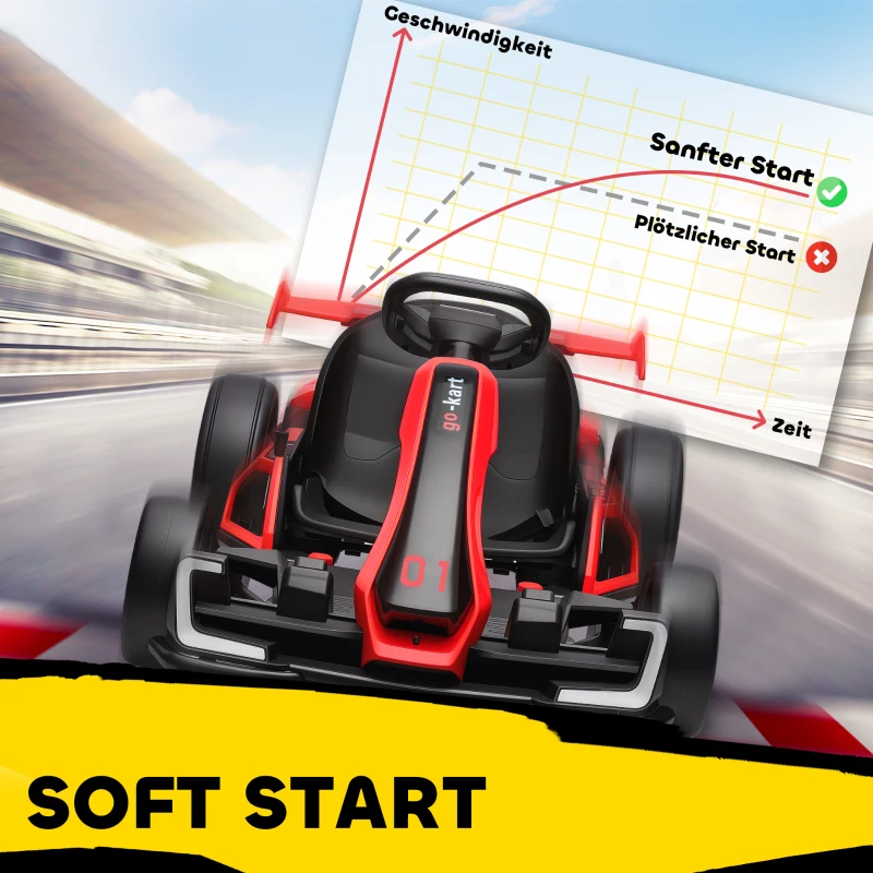 HOMCOM Gokart Elektryczny dla Dzieci z Klaksonem i Funkcją Muzyki, Regulowane Siedzisko, do 12 km/h, Tworzywo Sztuczne, Metal, Czerwony