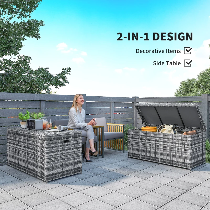 Outsunny Skrzynia na poduszki Rattan 380L odporna na warunki atmosferyczne z pokrywą i wbudowanym uchwytem, pojemność UV-odporna, skrzynia ogrodowa o wymiarach 130x61x65 cm, kolor ciemnoszary