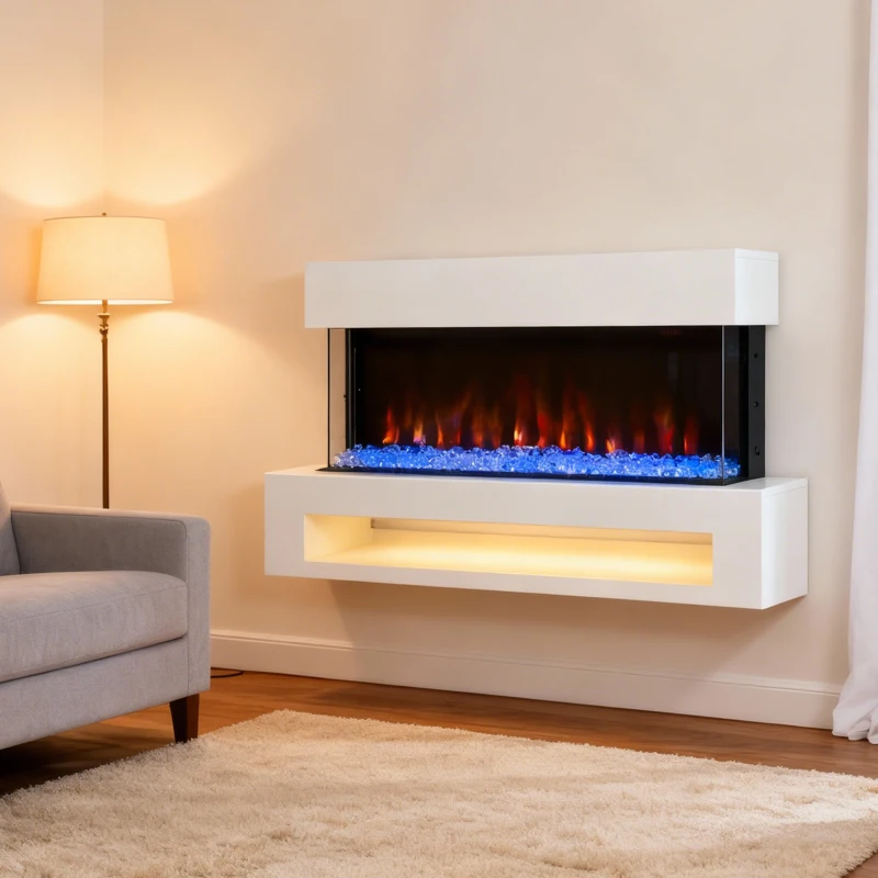 HOMCOM Elektryczny kominek z ogrzewaniem, elektryczny kominek ścienny z 11 kolorami efektu płomienia, 10 kolorami kryształów, 2000W kominek stojący dekoracyjny z półką, pilotem, timerem, termostatem, wyświetlaczem LED