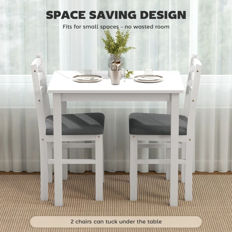 HOMCOM Zestaw Stołowy z 2 Krzesłami, Oszczędzający Przestrzeń, Grupa Stołowa, Rektangulny Stół Kuchenny z Tapicerowanymi Krzesłami do Małego Pomieszczenia, Jadalni, Kuchni, Biały