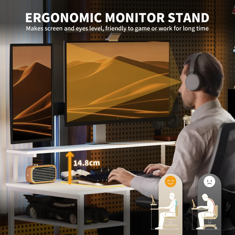 HOMCOM Biurko narożne L z półkami, biurko komputerowe z podstawką na monitor, gniazdo sieciowe, port ładowania USB, białe, idealne do biura domowego, sypialni, 137 x 140 x 139,5 cm