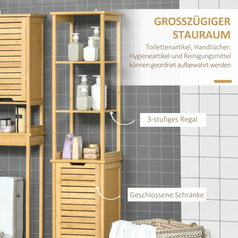 kleankin Szafka łazienkowy z 3 otwartymi półki i 1 szafka, Meble łazienkowy Wolnostojący Wysoki Szafka do Łazienki, Małe Pomieszczenia, Naturalne 34 x 30 x 173 cm