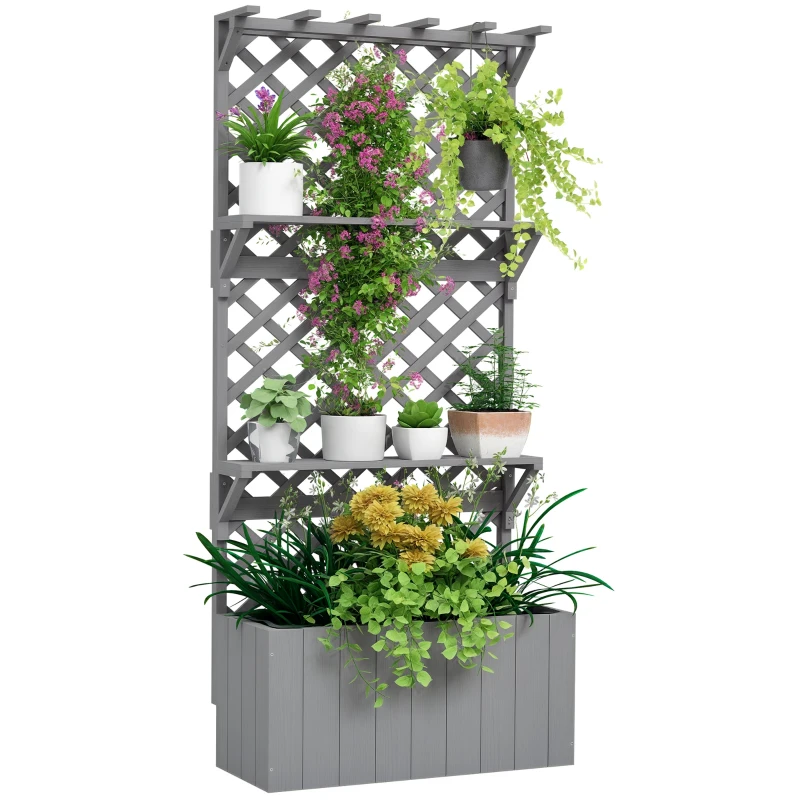 Outsunny 52L Wooden Planter, with Trellis and Shelves - Grey