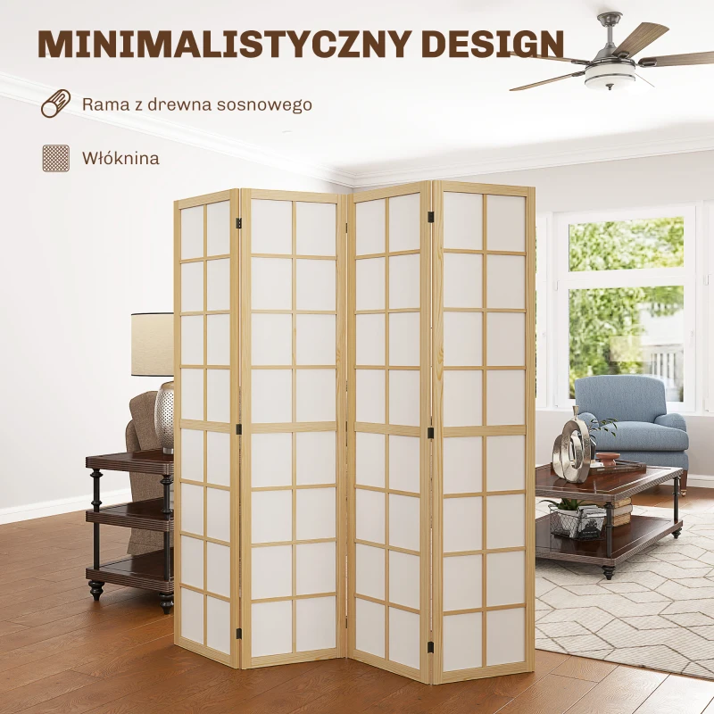 Parawan 4-częściowy 160 x 170 cm, naturalny, do salonu