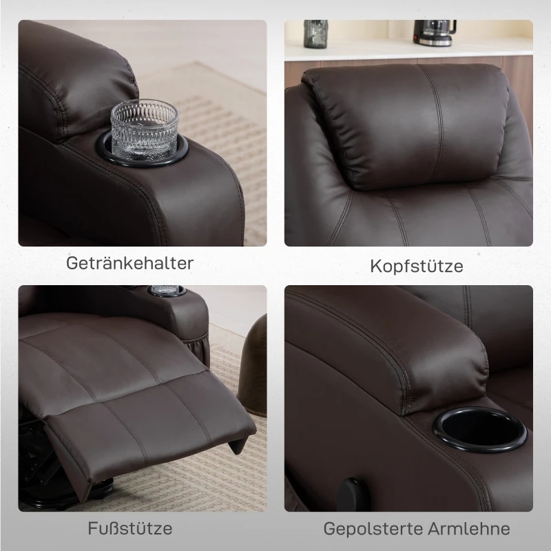 HOMCOM Fotoliu cu funcție de ridicare, fotoliu relax cu asistență la ridicare, incl. telecomandă, suport pahare, spătar reglabil, Maro