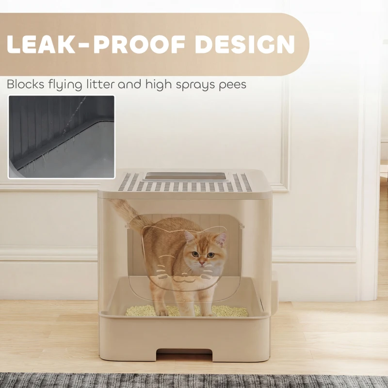PawHut Foldable Cat Litter Box with Lid, Slide-Out Drawer, Scoop, Easy Clean, Odour Control, Anti-Splashing, Khaki