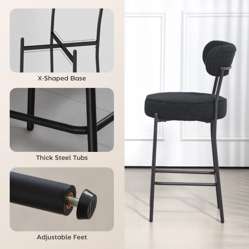 HOMCOM Stołki Barowe 2 sztuki, Krzesła Kuchenne z Podnóżkiem, Oparciem, Polarowy Wygląd, 68 cm Wysokość Siedziska, Wyściełane Stołki Barowe z Stalową Ramą dla Kuchni, Jadalni, Salonu - Czarny