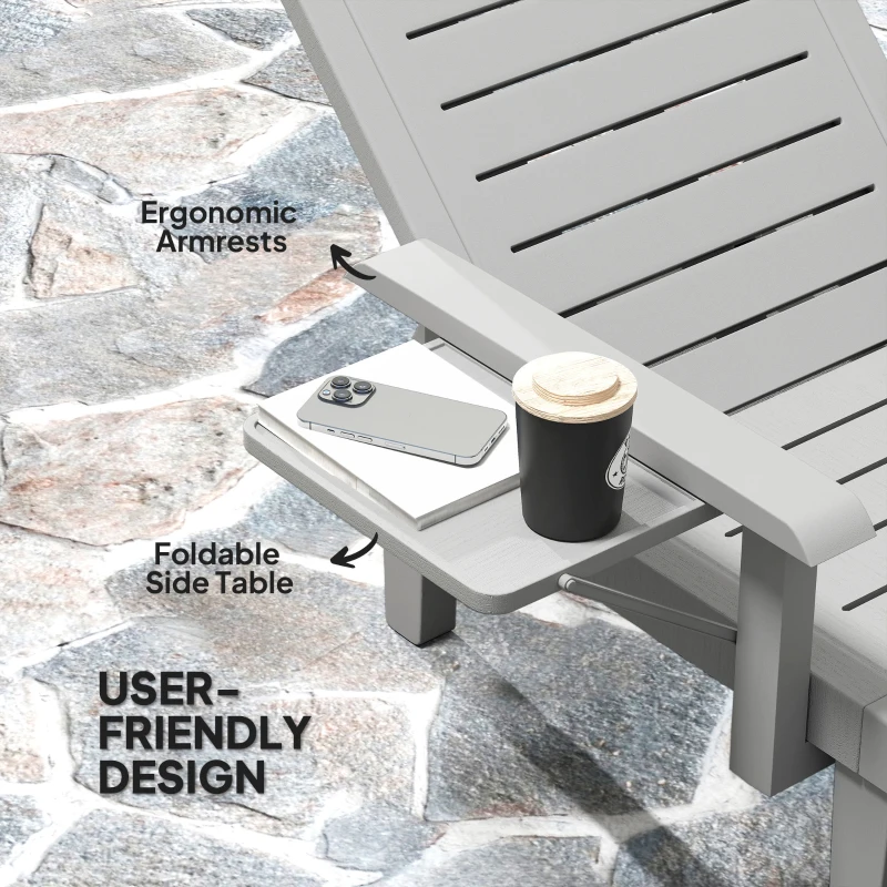 Leżak ogrodowy z bocznym stolikiem, szary, drewnopodobny