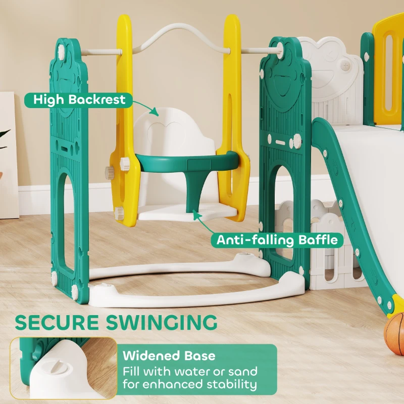 AIYAPLAY 9 in 1 Toddler Slide and Swing Set with Basketball Hoop, Outdoor & Indoor Playset with Double Slides, Climbing Frame, Telescope, Drawing Board, Storage Box for Toddlers Ages 1-3, Yellow