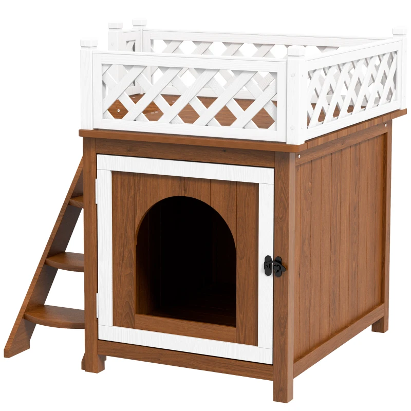 PawHut Wooden Cat House, Two-Floor Cat Shelter with Balcony, Stairs, Indoor Outdoor Small Pet Condo for Rabbits, Cats, Brown