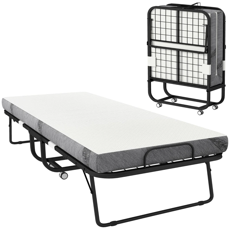 HOMCOM logeerbed opklapbed met wielen verstelbaar staal + schuim wit + zwart 200 x 75 x 42,5 cm