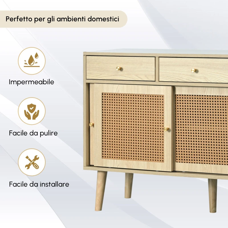 Credenza in Rattan, con 3 Cassetti e 3 Ante Scorrevoli per Cucina e Soggiorno, Maniglie in Metallo Doratoe Gambe in Legno, 120x40x78 cm, Colore Naturale