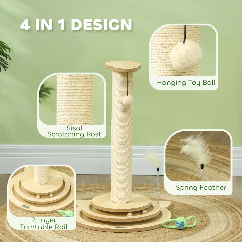 PawHut Cat Scratching Post, 69cm Cat Scratcher with Sisal Post, Interactive Track Ball Toy, Hanging Toy Ball, Feather, 4 in 1 Small Kitten Cat Scratch Post, Oak