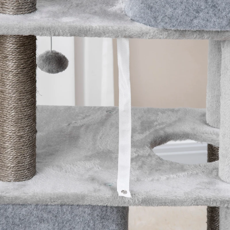 PawHut Drapak 142W cm Drzewo dla Kotów z 4 Poziomami, Domkiem dla Kotów, Platformami, Kulą do Zabawy, Drapakiem z Sisalem, Zabezpieczeniem Przed Przewróceniem, Plusz Szary