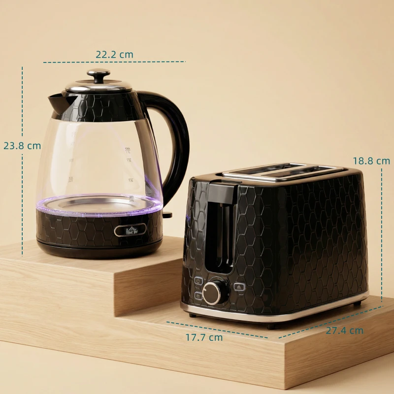HOMCOM Kettle and Toaster Set, 1.7L 3000W Rapid Kettle with Limescale Filter, 2 Slice Toaster with 7 Browning Controls, Black