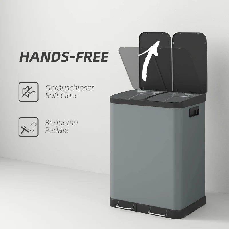 HOMCOM Dual Kitchen Bin, 2 x 30L Pedal Bin, Metal Double Rubbish Bin with Soft Close Lid, Removable Inner Buckets, Fingerprint-Proof for Recycling and Waste, Grey