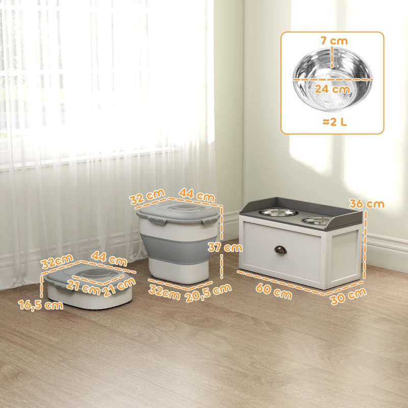 PawHut Conjunto de 1 Comedouro Elevado para Cães Grandes com 2 Tigelas de Aço Inoxidável e 1 Recipiente de Comida Branco