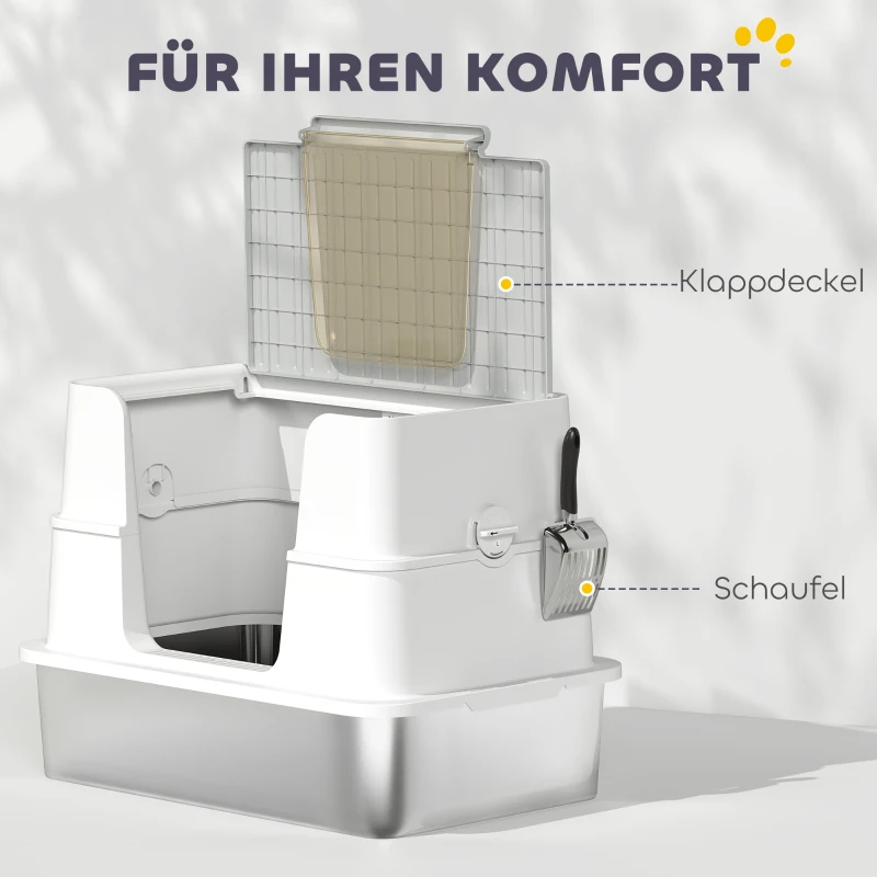 Kuweta dla Kota PawHut ze Stali Nierdzewnej z Pokrywą XL, z Łopatką, Pedalem, Łatwa w Czyszczeniu, Odporna na Zapachy, dla Dużych Kotów do 15 kg, 60,2 x 40,2 x 44,5 cm, Jasnoszara