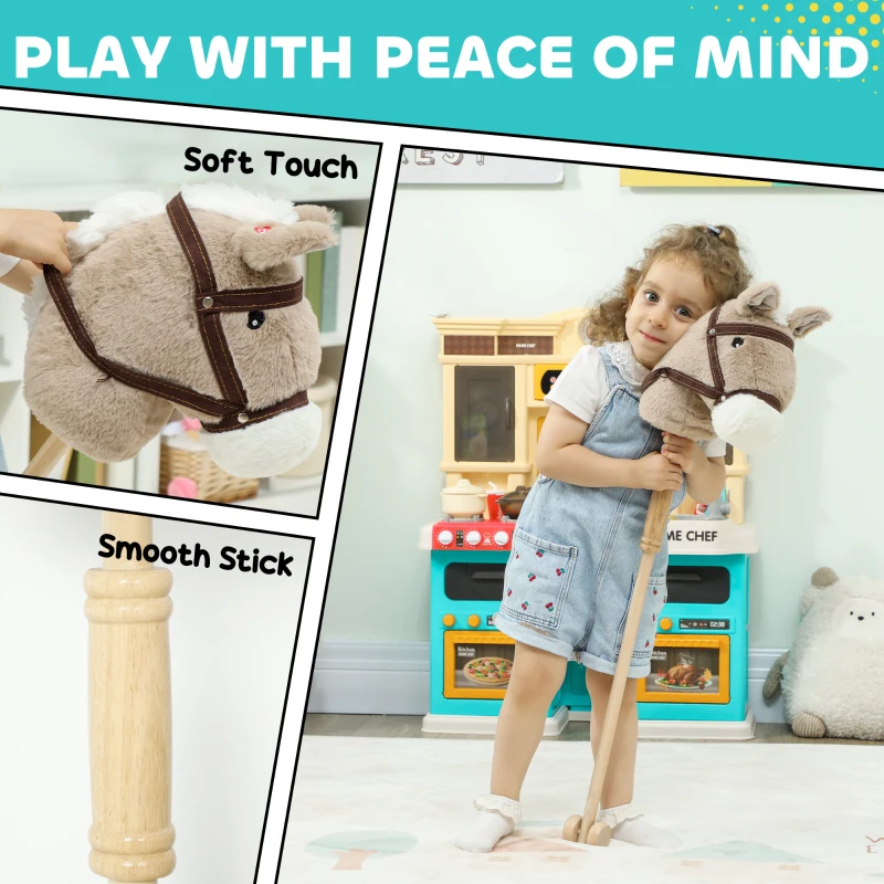 Konik na biegunach AIYAPLAY dla dzieci z dźwiękiem, kołami, drewnianym drążkiem, idealny na imprezy cosplay, dla dzieci 24+ miesięcy, szary